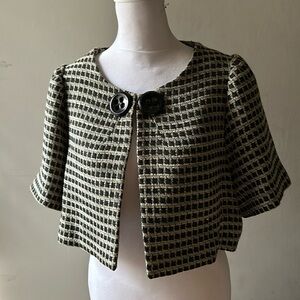 Vintage short-sleeve bolero jacket in brown/black/white textured print